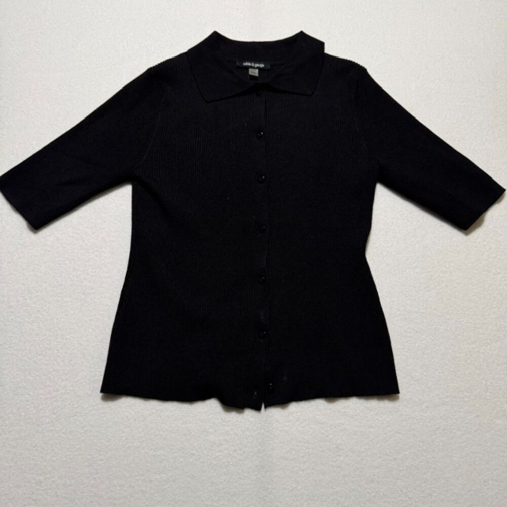 Cable & Gauge Black Ribbed Short Sleeve Button Up Polo Cardigan Top Medium